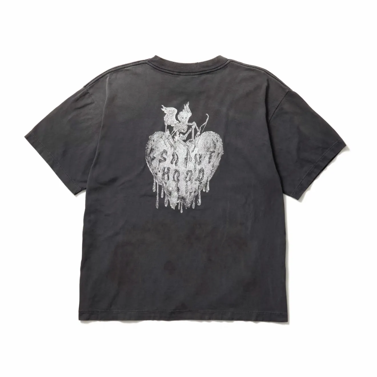 ❥8038#P140 Saint Mxxxxxx ✖️Neighborhood co-branded new model [Angel Skull Love] is made of double yarn double-ply cotton batik fabric 290 grams, comfortable and breathable to wear. Stiff silhouette, full of street feel, loose fit. Craftsmanship: semi-water slurry printing + graffiti + spray coding, batik and wash. Size: (S-M-L-XL) Color: Washed black